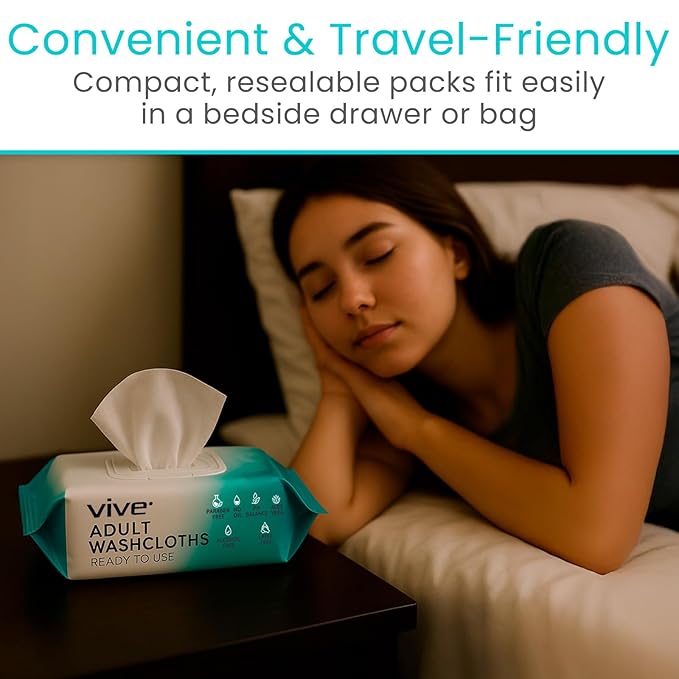 Vive Disposable Washcloths for Adults & Elderly (1 Pack - 50 Count - 8"x12") – Incontinence Wipes for Men & Women – Hypoallergenic No Rinse Adult Body Wipes for Sensitive Skin – Unscented