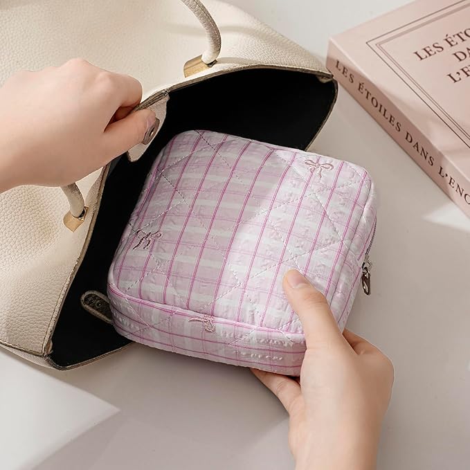 Small Quilted Striped Cosmetic Pouch for Purse, Mini Cotton Makeup Bag with Compartments, Cute Zipper Lipstick Holder for Women (23 Pink Stripes)