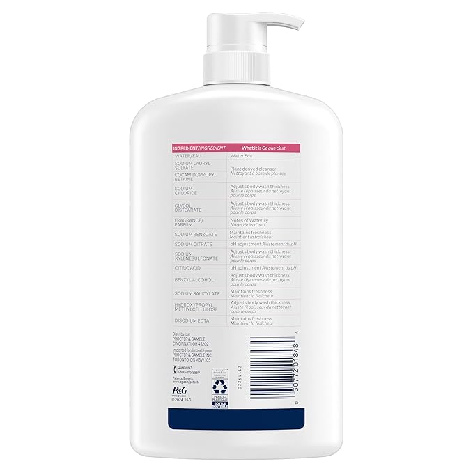 Ivory Body Wash, Designed for the Whole Family, Gentle Formula, Free of Dyes Heavy Perfumes Parabens Phthalates & Silicones, Designed for Skin's pH, Water Lily Scent, 35 oz