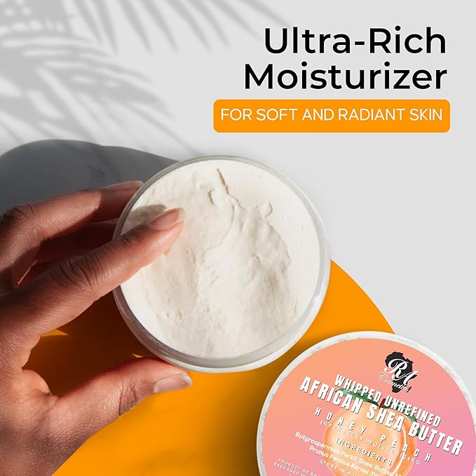 RA COSMETICS Whipped Shea Butter Honey Peach - 100% Pure and Natural African Shea Butter - Ultimate Handcrafted Moisturizer with Essential Vitamins for Radiant Skin and Luscious Hair - 12oz Jar