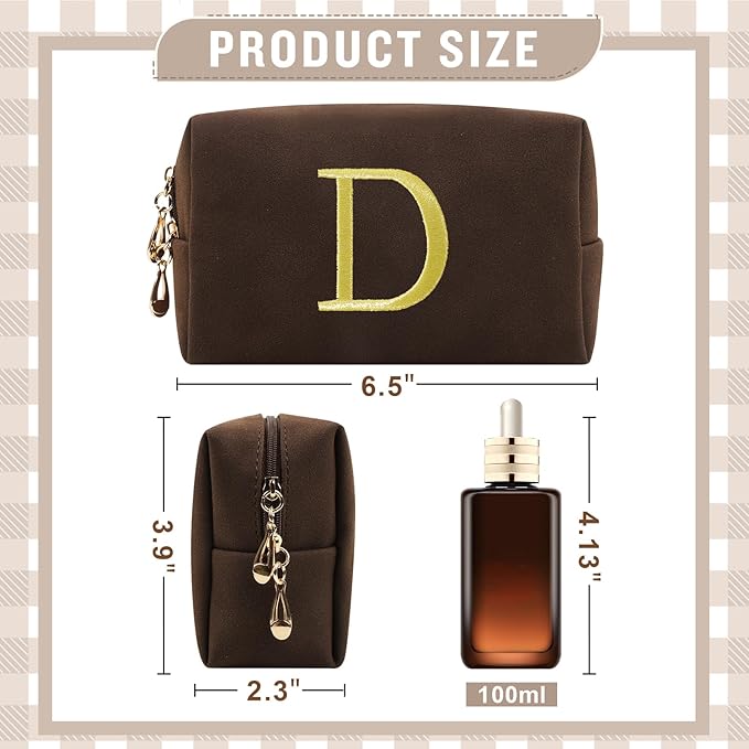 Personalized Initial Makeup Bag,Preppy Suede Cosmetic Bag for Teen Girls,Small Monogram Travel Toiletry Bag With Gold Embroidered Letter,Trendy Stuff Custom Christmas Gift for Women(Coffee-D)