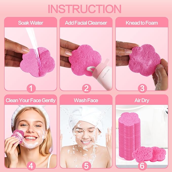 50-Count Facial Sponges Compressed Facial Sponges Natural Facial Cleansing Sponges Pads Cute Flower Shape Exfoliating Sponges for Cleansing Reusable,Best Makeup Gift, Pink