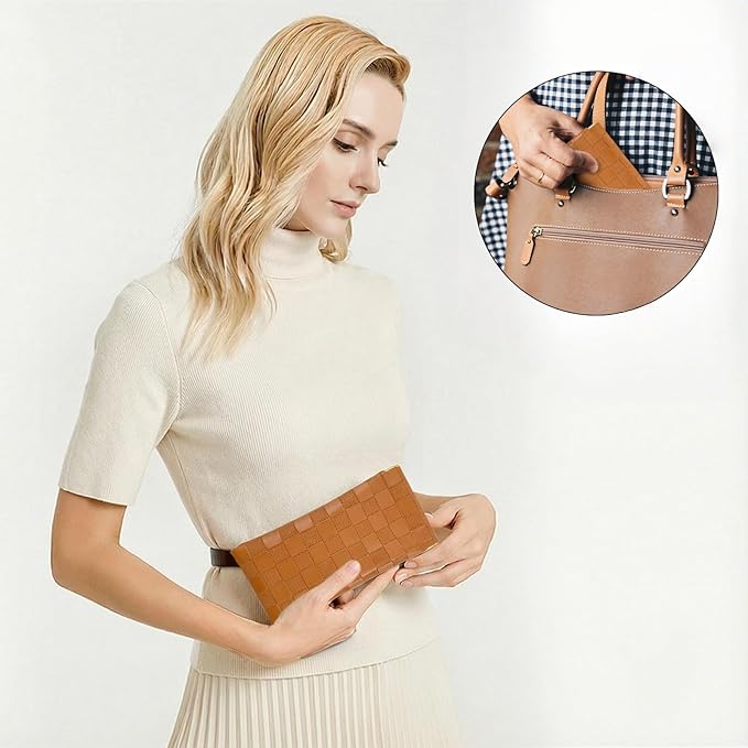 4Pcs Small Makeup Bag for Purse, Mini Checkered Leather Purse Pouches for Purse Small Makeup Pouch Small Coin Purse Organizer Pouches, Portable No Zipper Pocket Cosmetic Bag for Women (Black, Brown)