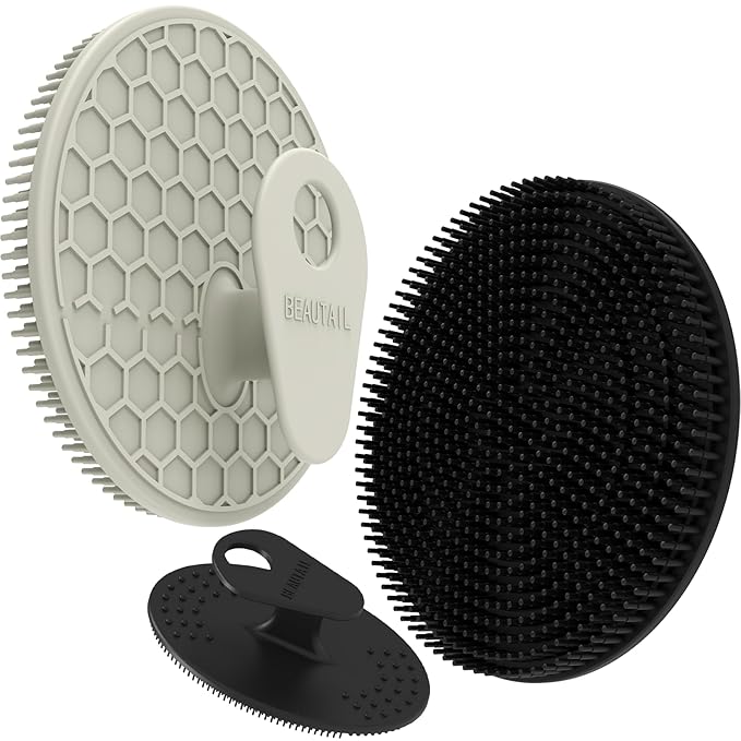 Silicone Body and Face Scrubber Set 3 Pack, BEAUTAIL Shower Bath Scrubber, Gentle Exfoliating Brush for Women Men Baby Sensitive Skin, More Hygienic Than Traditional Loofah, Long Lasting, Black+Gray