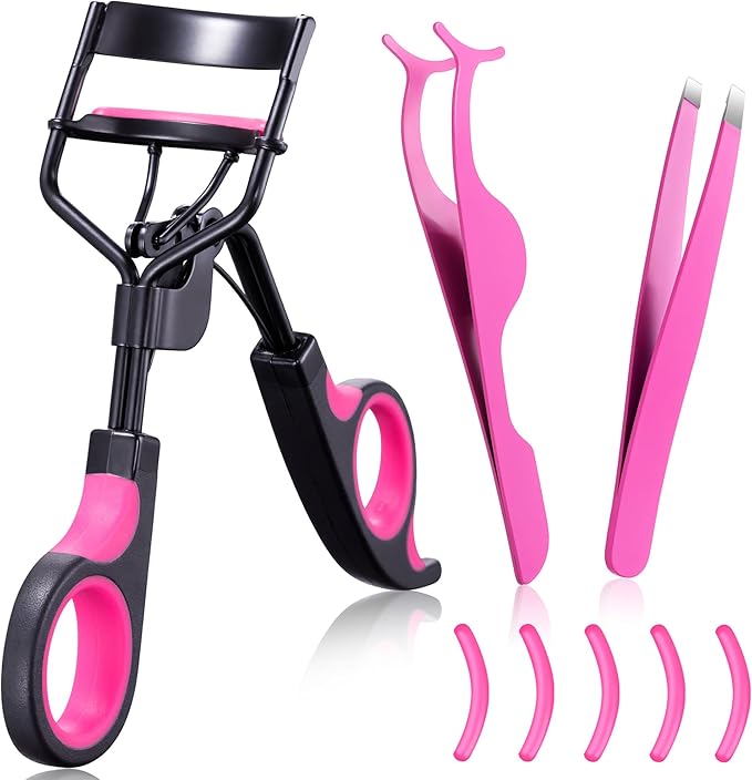 Eyelash Curler Tool - 3-in-1 Eyelash Curler Lash Lift Kit Lash Curler, Professional Kit, Eyelash Extension Tweezers - Includes Replacement Pad with Refill Pads for Home & Travel Uses (Rose Red)
