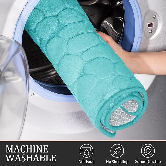 YIHOUSE Bathroom Rugs Mat Set 3 Piece Teal, Memory Foam Bath Mats Sets, Non Slip Water Absorbent Washable Bath Rugs for Sink, Toilet and Floor
