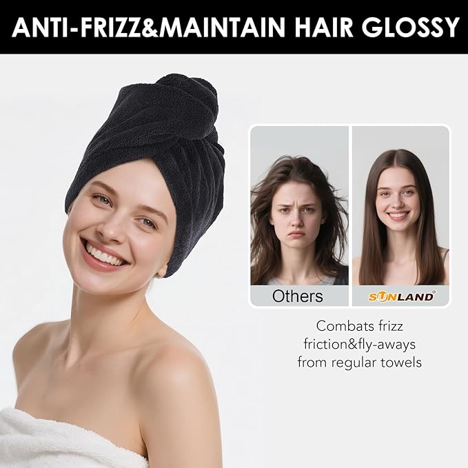 SINLAND Microfiber Hair Drying Cap Hair Towel Turban Twist for Women Fast Drying Towels Head Turban Absorbent Soft Lightweight Black 3 Pack