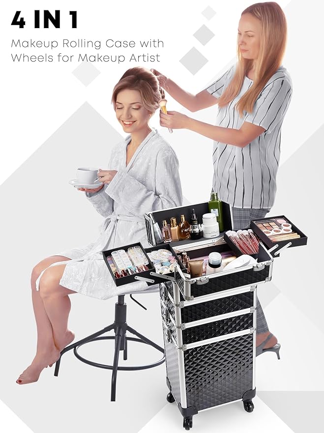 Adazzo 4 in 1 Rolling Makeup Case Cosmetic Train Case Trolley Roll Travel Box for Makeup Artist, Hairstylists, Nail Tech Makeup Cart with Key Swivel Wheels Barber Case Traveling Trunk Black