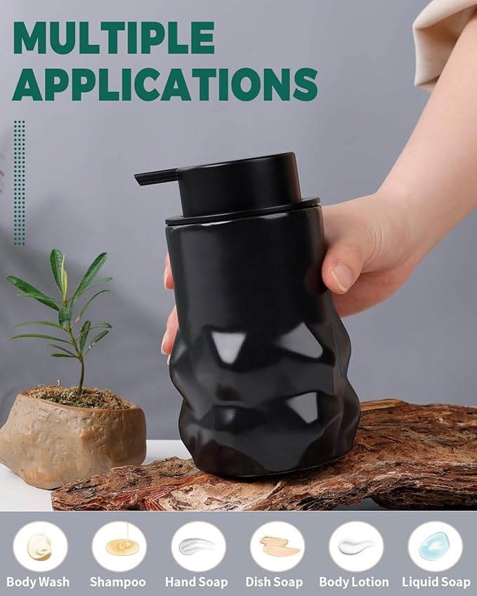 BosilunLife Hand Soap Dispenser - Foam Soap Dispenser Bathroom Ceramic Dish Liquid Soap Dispenser for Kitchen, Bathroom Countertop Soap Dispensers (Black-Foam-Sculpt)