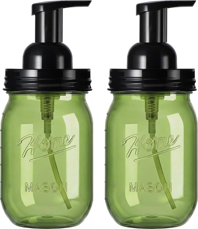 Amolliar Plastic Mason Jar Foaming Soap Dispenser Pump Lid, 16oz Foam Soap Dispenser with Cute Lables - Green Refillable Hand Soap Dispenser for Bathroom Kitchen Shower (2 Pack, Black)