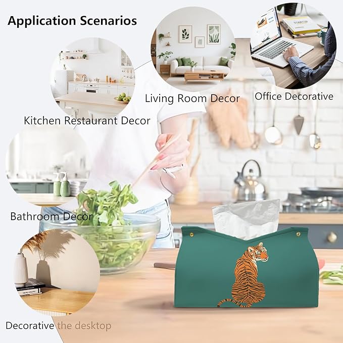 Green Tiger Leather Tissue Box Cover Rectangle,Vintage Tiger Decor Toilet Paper Box Holder,Decorative Facial Paper Case for Farmhouse Living Room Bathroom Kitchen Office Desk,9.8x5.9x5.9In