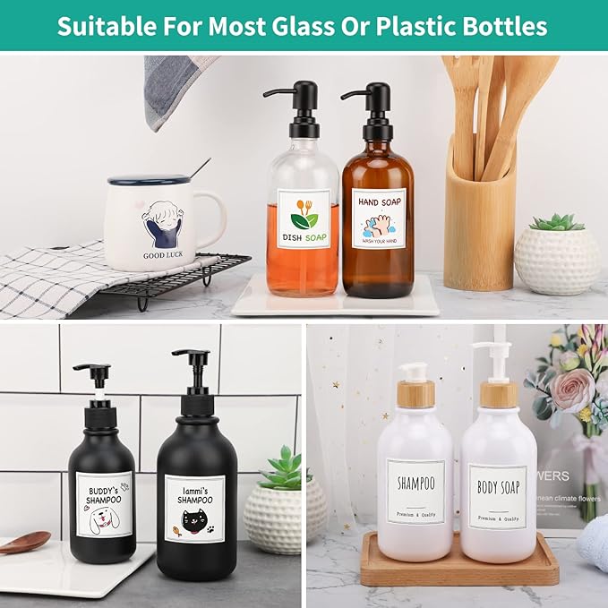 Segbeauty Waterproof Labels for Bottles, 18pcs Shampoo Conditioner White Label Stickers, Removable Self-Adhesive Soap Dispenser Stickers for Bathroom Kitchen Washstand Dresser Plastic Glass Bottle