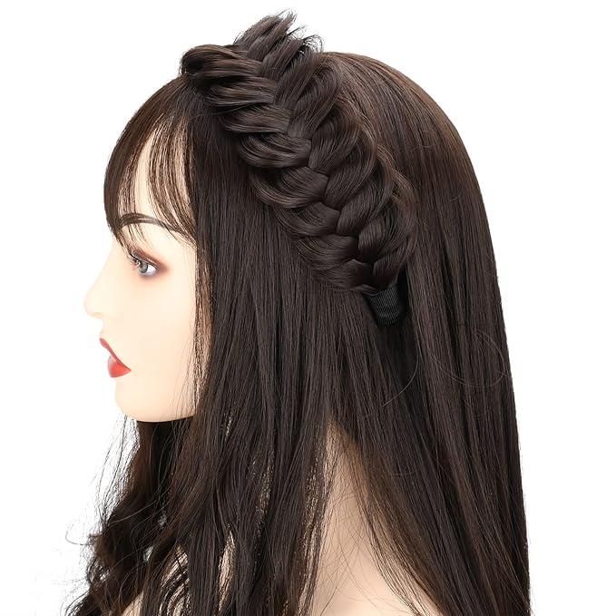 DIGUAN Wide Messy Braided Headband With Teeth Synthetic Hair Plaited Headband High Elasticity Braids Chunky Fishtail Braided Hair Band Hairpiece for Girls Women Beauty Accessory (Burgundy)