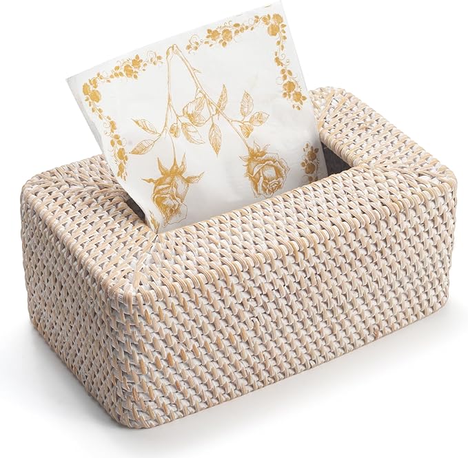 Rattan Tissue Box Cover Natural Woven Facial Napkin Holder Rectangular 10 x 6.1 x 4.1 Inch (White)