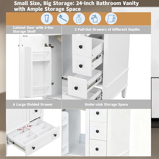 Bellemave 24" Bathroom Vanity with Sink Combo Set, Solid Wood Frame Bathroom Storage Cabinet with 3 Drawers, Soft Closing Cabinet Door with Organizer, White