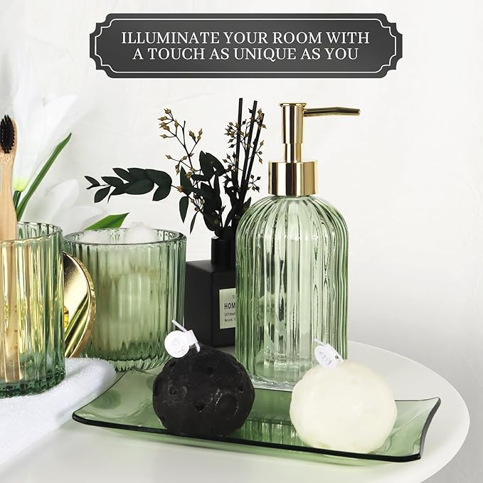 Designer Green Glass Bathroom Accessories Sets - 4 Pcs with Lotion Soap Dispenser, Bathroom Toothbrush Holder, Vanity Tray, and Apothecary Jar, Vintage Bathroom Decor, Gift Countertop Organizer