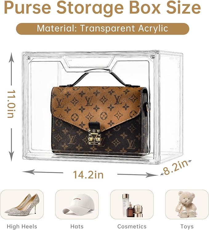 Purse Organizer for Closet,Clear Acrylic Display Case for Handbag Organizer, Purse Storage Box with Magnetic Door, Plastic Storage Bins for Book, Collectibles, Cosmetic (3 Pack)