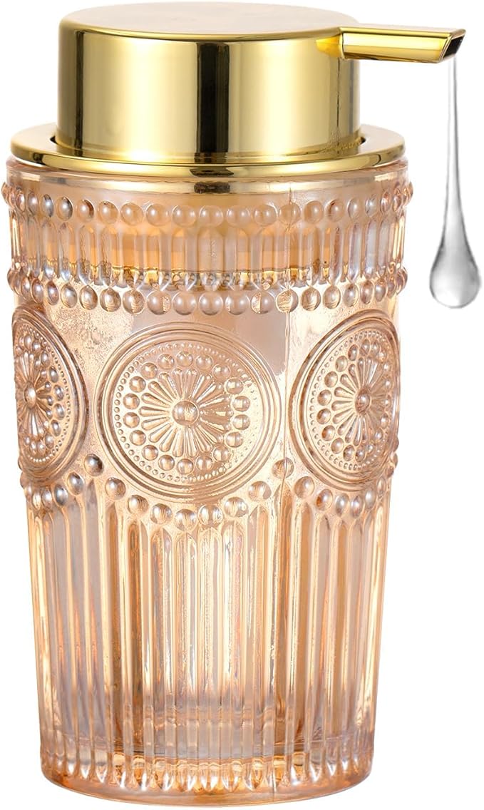 Foaming Hand Soap Dispenser, Glass Foam Toothbrush Holder, Refillable Liquid Lotion Dispenser (L-Gold-Lotion)