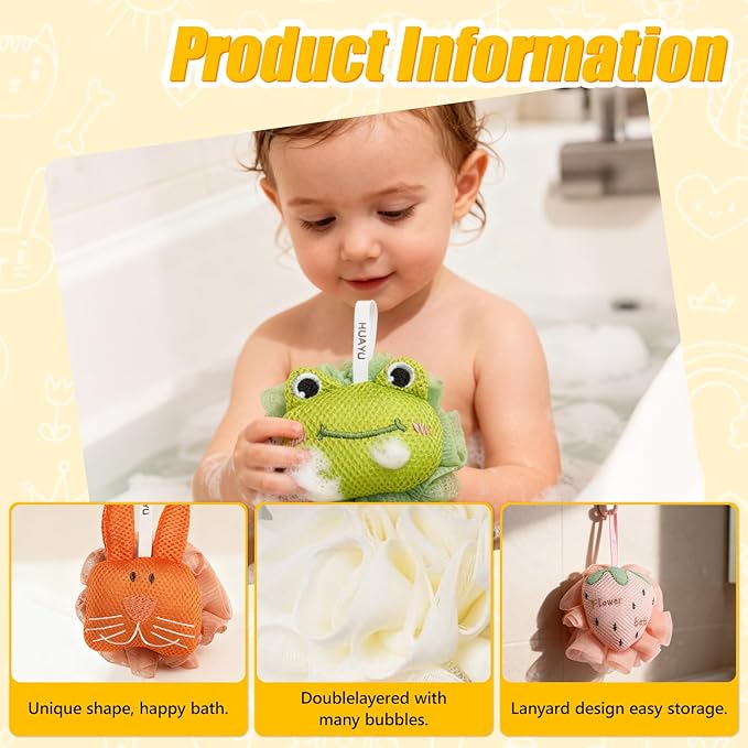 Kids Loofah, Cute Cartoon Animal Kids Bath Sponge with Hanging Rope, Soft Double Mesh for Rich Lather (Little Turtle)