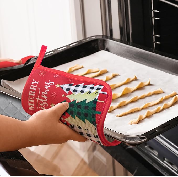 Bencailor 12 Pcs Pot Holders with Pocket Kitchen Hot Potholders Hot Pad Oven Mitts Cookie Bag Oven Gloves for Kitchen Gift Baking Cooking(Red,Novelty)
