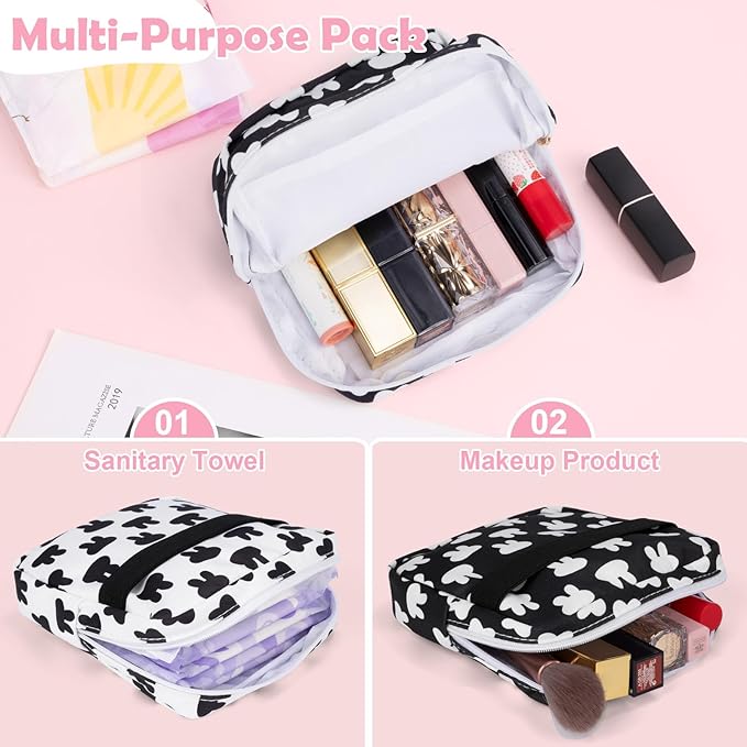 Desing Wish Period Bag Pouch Soft Cloth Sanitary Napkin Storage Bag Portable Menstrual Pad Pouches Tampon Holder for Purse First Period Kit for Girls 9-12 (Black Rabbit)
