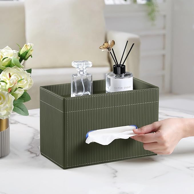 Rectangular Tissue Box Cover with Storage Tray, PU Leather Tissue Box Holder for Bathroom Vanity Countertop Night Stands Bedroom Office Desk, Stylish Tissue Holder Decorative Organizer (Green)