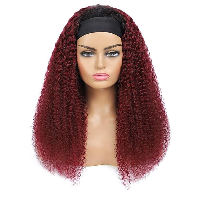 XSY Headband Wig Human Hair 1B/99J Burgundy Deep Wave Headband Wig Red Colored Curly Headband Wig Glueless No Lace Front Wig Brazilian Virgin Human Hair Wigs for Black Women 150% Density 18 Inch
