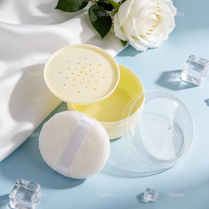 AUEAR, 2 Pcs After-Bath Empty Body Powder Container Puff Box with Sifter for Home and Travel (Yellow, 3.43" x 2.36")