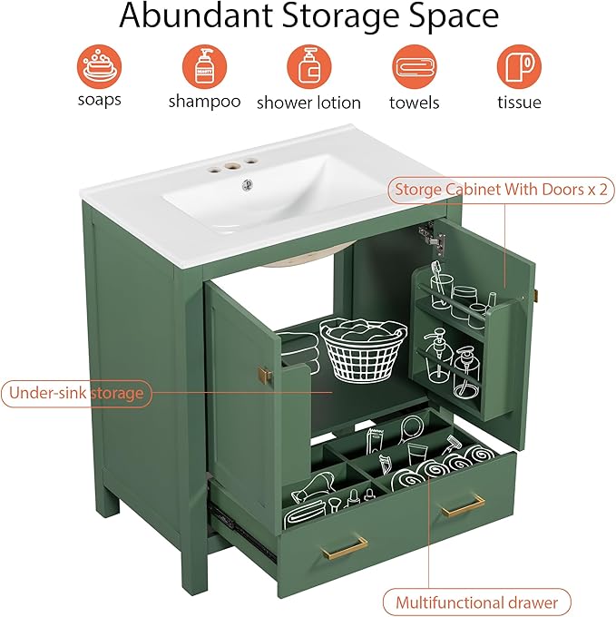Bellemave 30" Bathroom Vanity with Sink Combo Set, Solid Wood Frame Bathroom Storage Cabinet with a Drawer, 2 Soft Closing Cabinet Doors with Organizer, Green