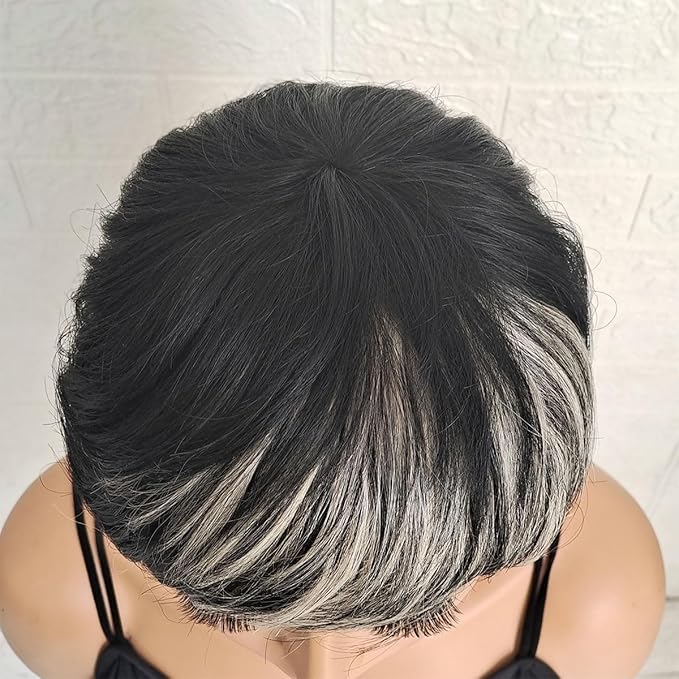 Adette Basic Pixie Cut Wig Straight Style - 1B/27 Blonde Highlight 180% Density Brazilian Virgin Human Hair with Rose Net Cap, Glueless Machine Made for African American Women, Cosplay & Daily Wear