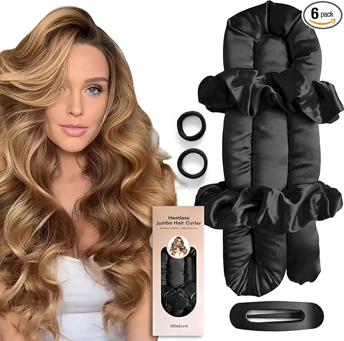 Jumbo Heatless Hair Curler Set-Satin Heatless Curls Overnight, Jumbo Curling Rod Headband, No Heat Curlers To Sleep in (Black)