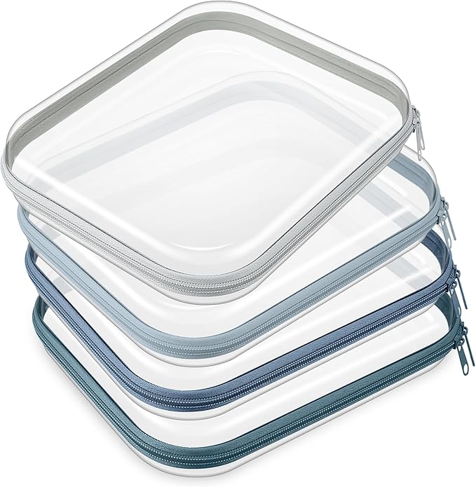 Hoolerry 4 Pcs Hard Clear Zipper Case Makeup Bags Plastic Zipper Pouch Transparent Storage Box Containers for Cosmetics, Snacks, Building Blocks, Puzzles(Clear,9.8 x 7.9 x 2 in,Morandi)