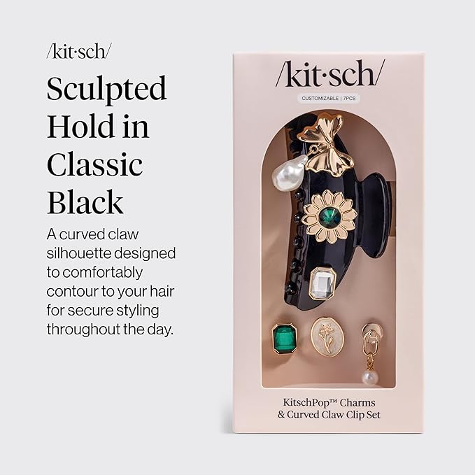 KitschPop ™ Hair Clips For Women with Charm Sets -Customizable Curved Claw Clip With Interchangeable Collectible Cute Charms | Ideal Gifts For Women -Vintage Black, 7pcs Set