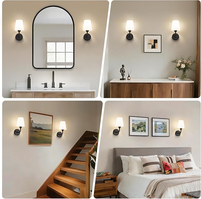 Modern Wall Sconces Set of 2, Hardwired Wall Lights with Flared White Fabric Shade, Matte Black Wall Lamps for Bedroom Bedside Stairway Bathroom Living Room(ETL Listed)