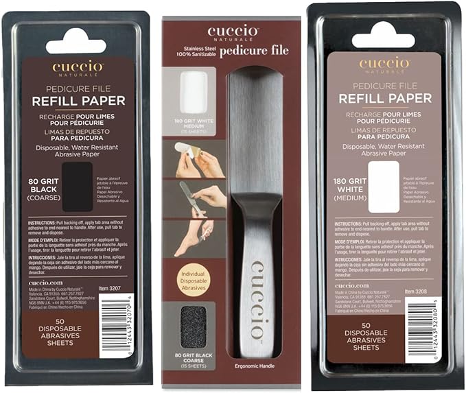 Cuccio Stainless Steel Pedicure File with a 2 Pack of 50 White and Black Refills