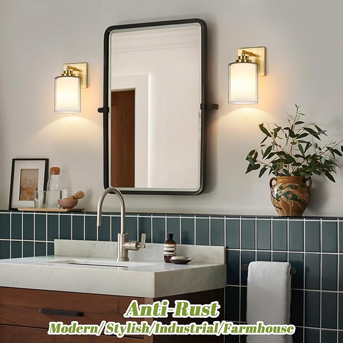 VerRon Set of 2 Wall Sconces for Bathroom, Modern Vanity Light Fixtures, Gold Wall Mount Lighting Lanterns, Farmhouse Wall Lights with Double Clear Glass Shade for Bedroom Living Room Mirror Hallway