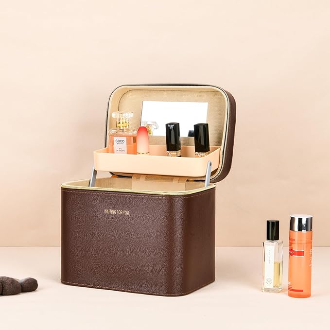 Luxury brown makeup box, Portable leather hard cosmetic case with mirror, Sturdy train case make up box for women adults. (Double-layer-Brown)
