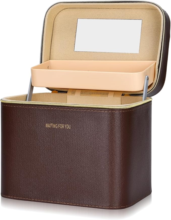 Luxury brown makeup box, Portable leather hard cosmetic case with mirror, Sturdy train case make up box for women adults. (Double-layer-Brown)