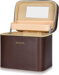Luxury brown makeup box, Portable leather hard cosmetic case with mirror, Sturdy train case make up box for women adults. (Double-layer-Brown)