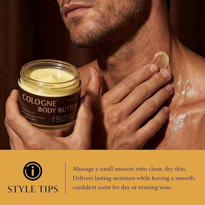 Men’s Cologne Body Butter – Shea Butter Moisturizer with Long-Lasting Masculine Scent – Fresh Woody Grooming Cream – Bergamot, Amberwood & Musk – 4.06oz