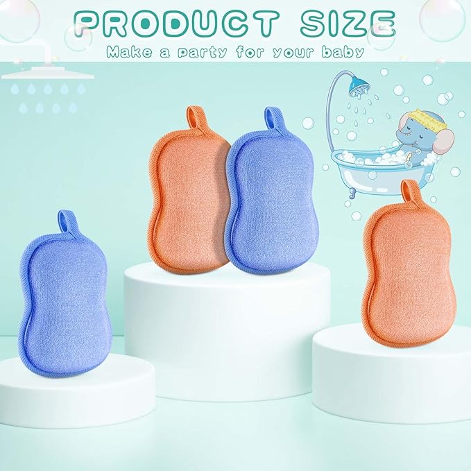 Tatuo 4 Pieces Baby Bath Sponge Cotton Baby Sponge Toddler Soft and Absorbent Loofah for Kids Babies Men Women(Orange,Blue)