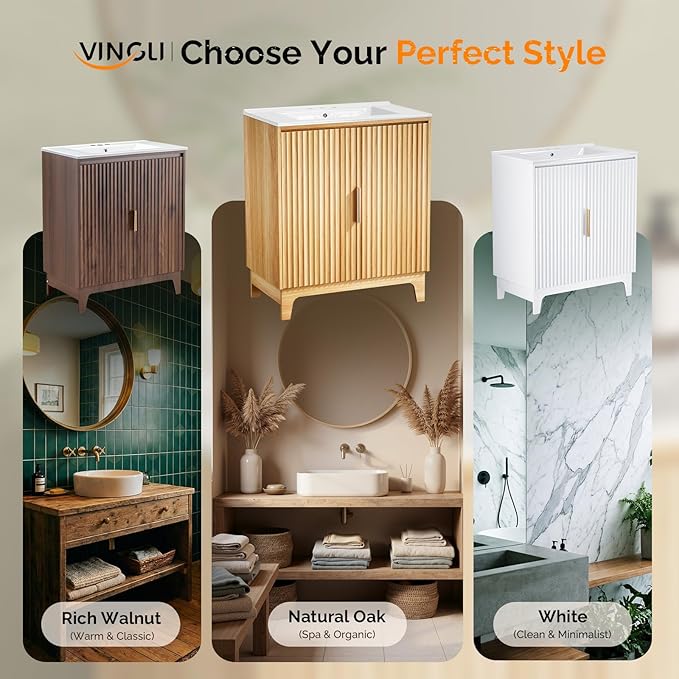 VINGLI 30 Inch Bathroom Vanity with Sink, Mid Century Modern Freestanding Cabinet with Ceramic Top, Fluted Soft-Close Doors & U-Shape Storage for Small Bathroom, Natural Oak