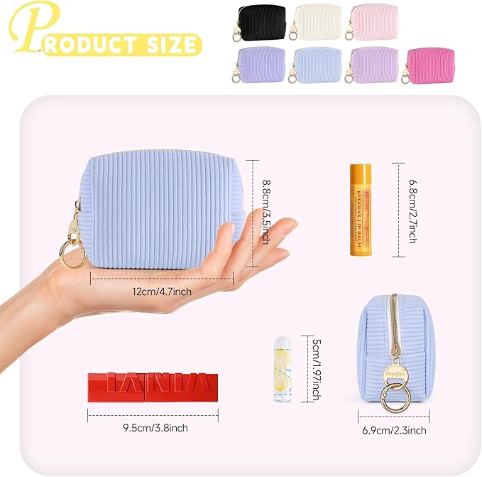 Mini Makeup Bag, Corduroy Small Cosmetic Bag for Purse with Ring Buckle, Portable Travel Makeup Pouch for Lipsticks, Chapsticks, Coin, Earphone, Credit Card (Black)
