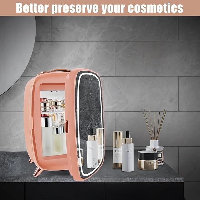 KFO Skincare Fridge 6L with Mirror and Light（3-Light Mode） | Pro-Style Beauty Fridge for Bedroom & Makeup | 6°C Cooling + 20dB Ultra-Quiet | 8-Can Drink and Cosmetic Storage & Adjustable Shelf