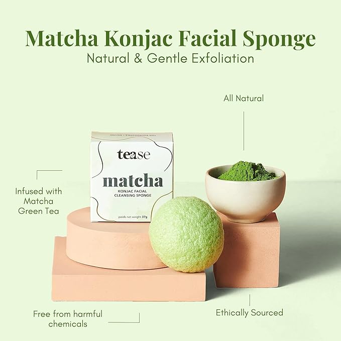 Tease Tea Facial Exfoliator Sponge - Matcha Konjac Facial Sponge, Face Sponge for Cleansing, Konjac Sponge, Exfoliating Sponge for Face, Facial Scrubber Infused with Matcha Green Tea for All Skin
