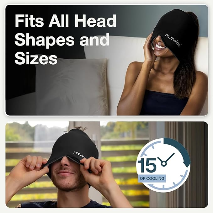 MyHalos® Migraine Relief Cap, 30% Thicker, 2X More Cooling Gel, Stays Colder for Longer, Form Fitting Ice Hat, Ice Pack Head Wrap Relief, Tension Headache Relief Cap (Black - Pack of 2)