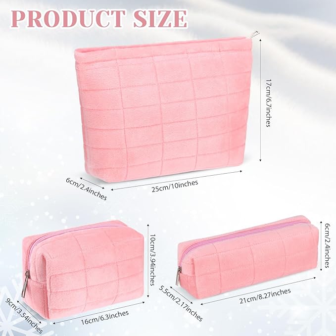3 Pcs Puffy Makeup Bag Set Quilted Plush Emergency Pouch for Women Cute Checkered Travel Toiletry Bag Puffer Aesthetic Makeup Organizer Cosmetic Purse Pouch Preppy Pencil Case(Pink)