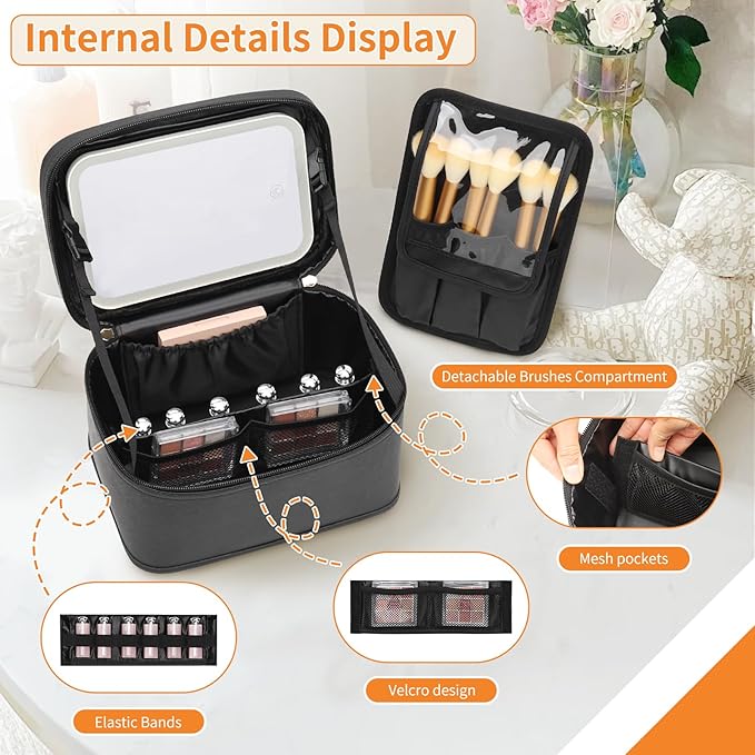 OCHEAL Makeup Bag With LED Mirror, Travel Makeup Bag With 3 Color Setting Light Up Mirror Cosmetic Organizer Vanity Case for Women Beauty Tools Accessories Rechargeable Makeup Travel Bag-Black