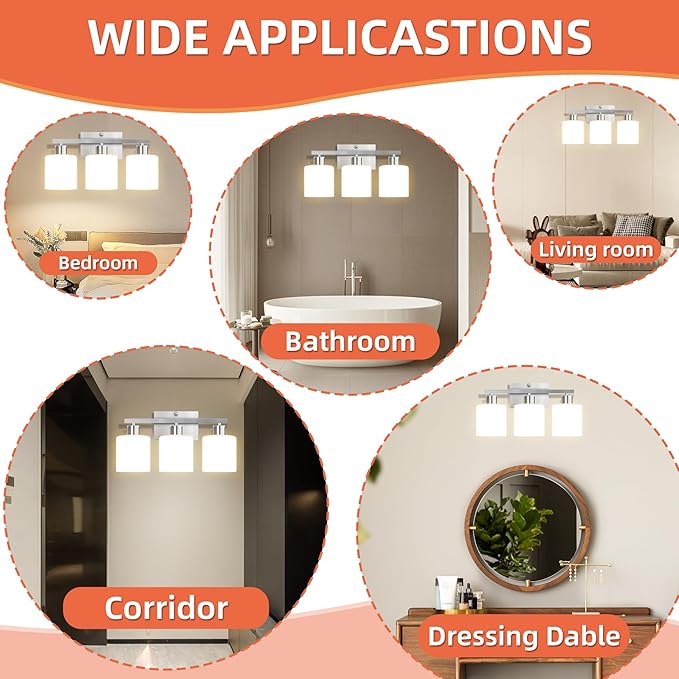 CANMEIJIA 3-Light Bathroom Vanity Light Fixtures with Brushed Nickel, Modern Vanity Lighting for Bedroom Living Room, Vanity Lights with Milky White Glass Shades, E26 Socket, Bulbs Not Included