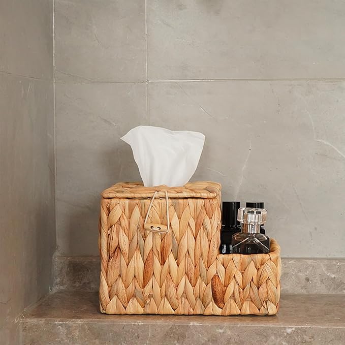 PINXIURY Water Hyacinth Tissue Box Cover Square, Tissue Box Holder, Tissue Box with Remote Organizer, Bedside Organizer, Remote Holder for Bedroom, Livingroom, Office